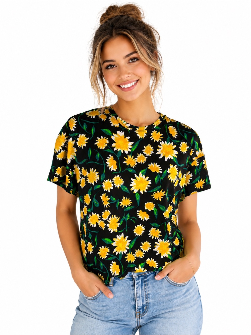 NWT Zara Black Yellow Daisy Floral Print Top Size Small